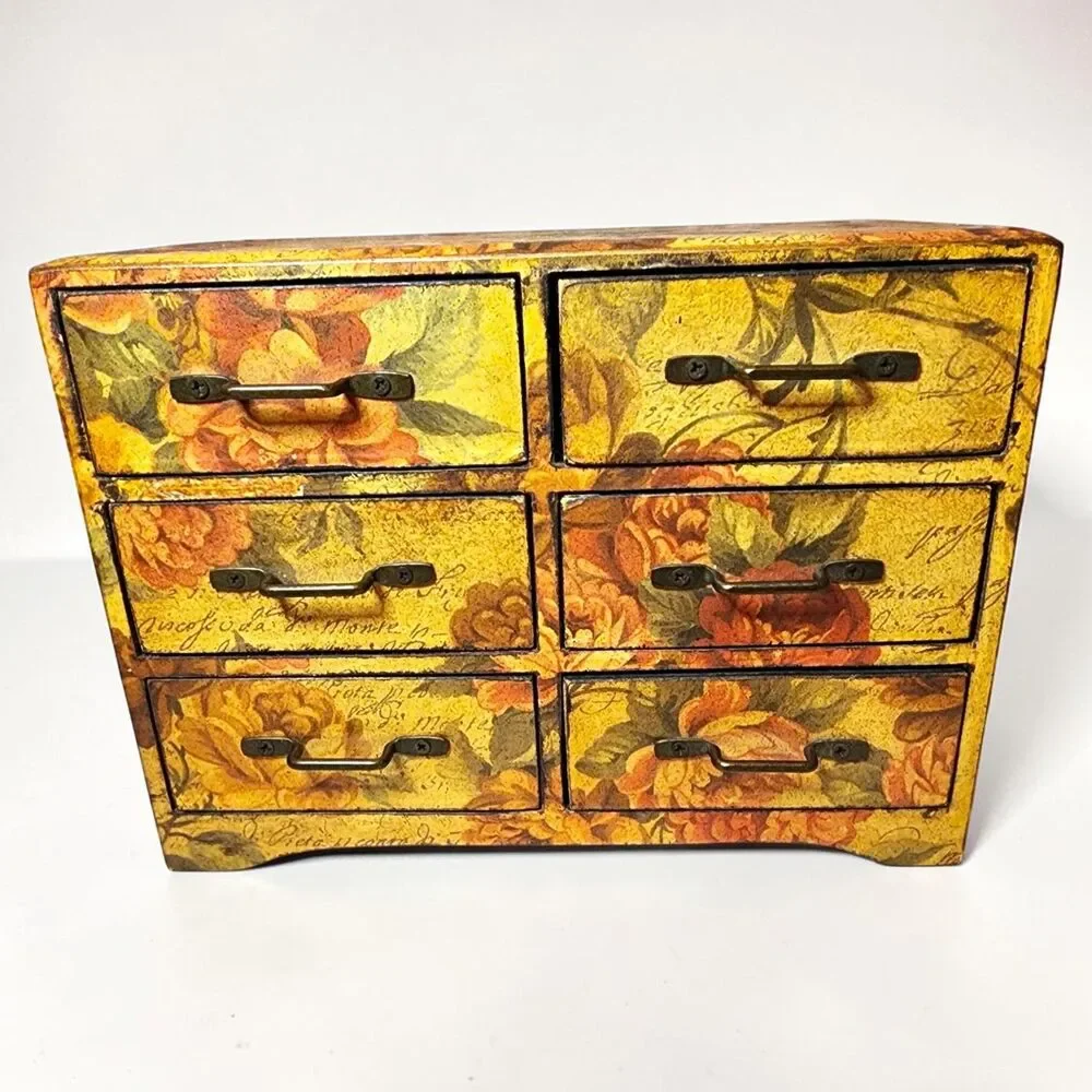 Floral 6 Drawer Desktop Organizer Jewelry Chest Shabby Chic Wood Box
